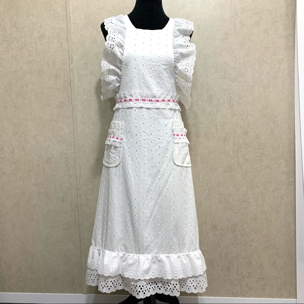 Vintage White Eyelet Ruffle Apron Dress with Pink Trim
